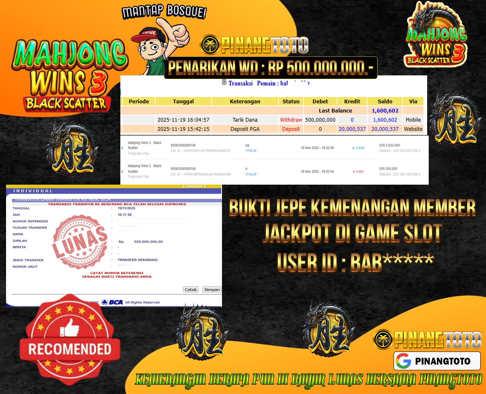 SELAMAT KEPADA PEMENANG MEMBER MERAIH JACKPOT DI GAME SLOT MAHJONG WAYS 3 BLACK SCATTER TOTAL RP 500.000.000 DI BAYAR LUNAS